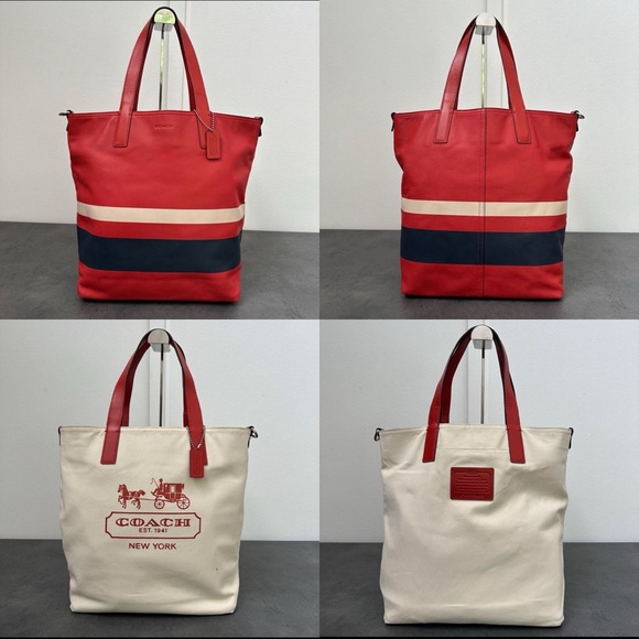 Coach Reversible Leather And Canvas Tote Bag In Red White & Blue Medium-Large - Picture 1 of 12